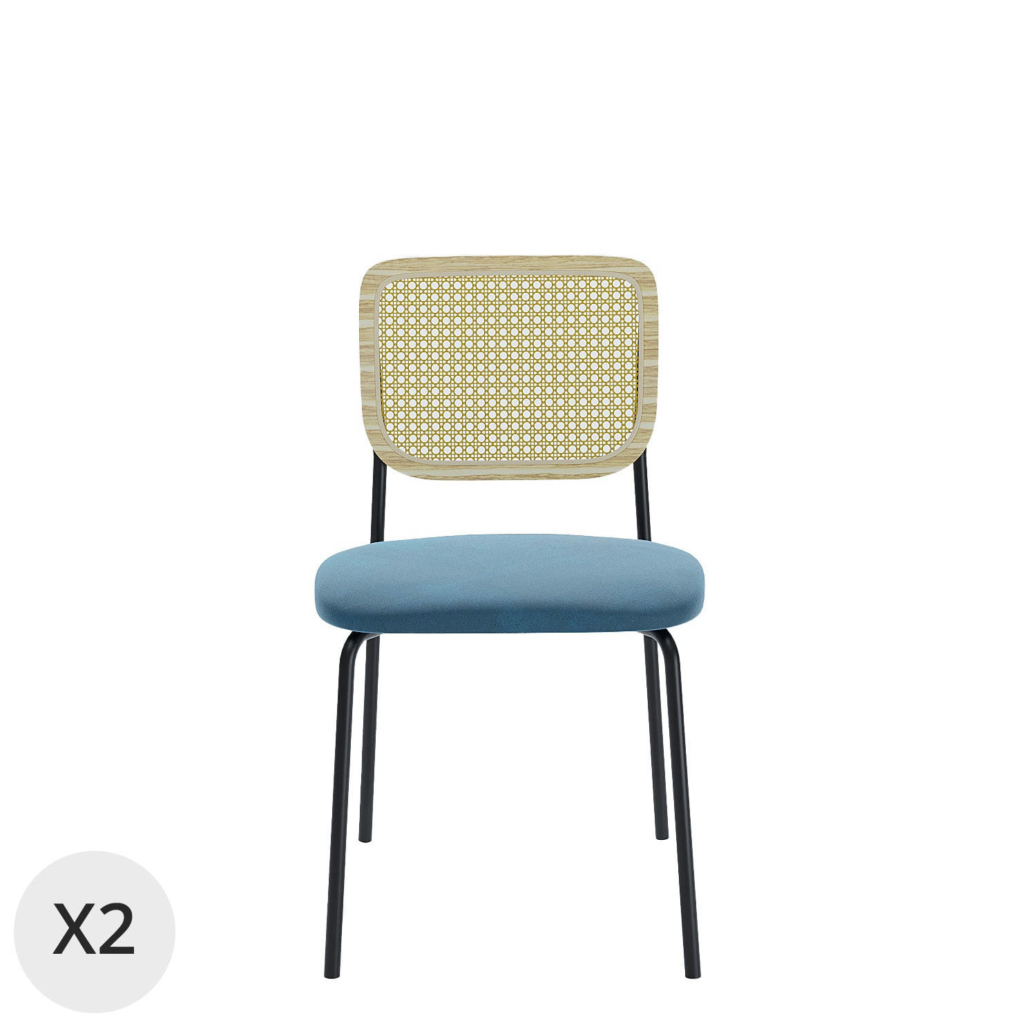JUNA - Lot de 2 chaises en rotin et velours bleu
