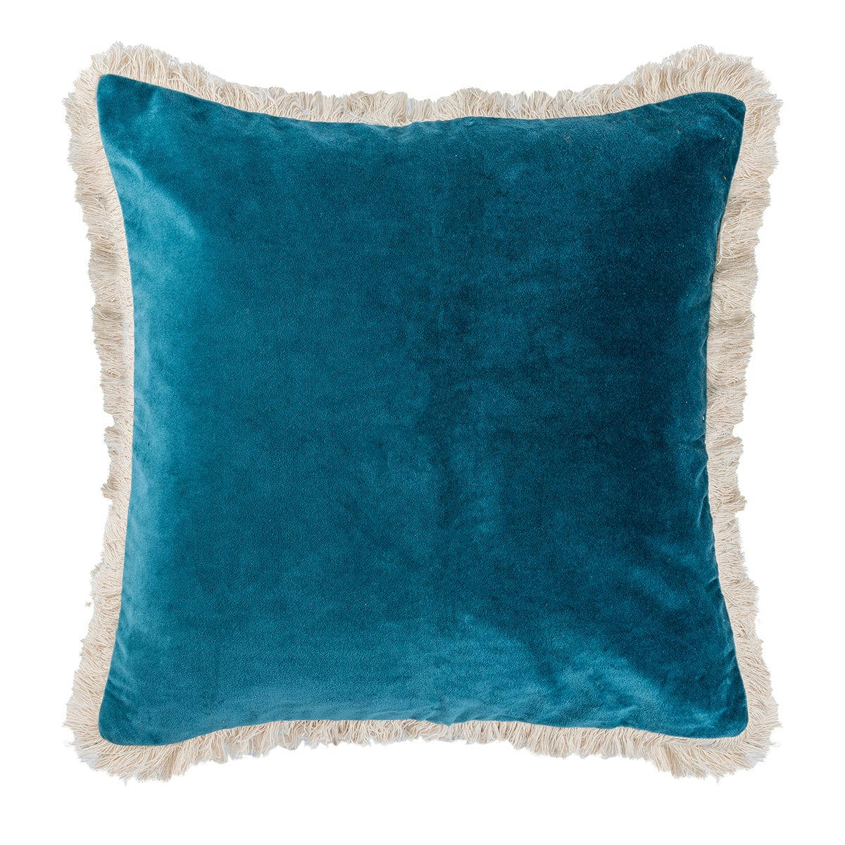 ANDREA - Coussin velours de coton  50x50 bleu peacock