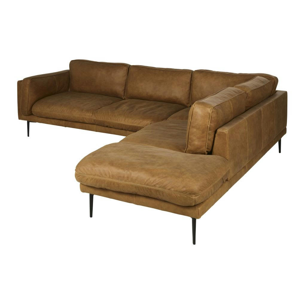 Roswell - Canapé d'angle droit 3/4 places en cuir camel