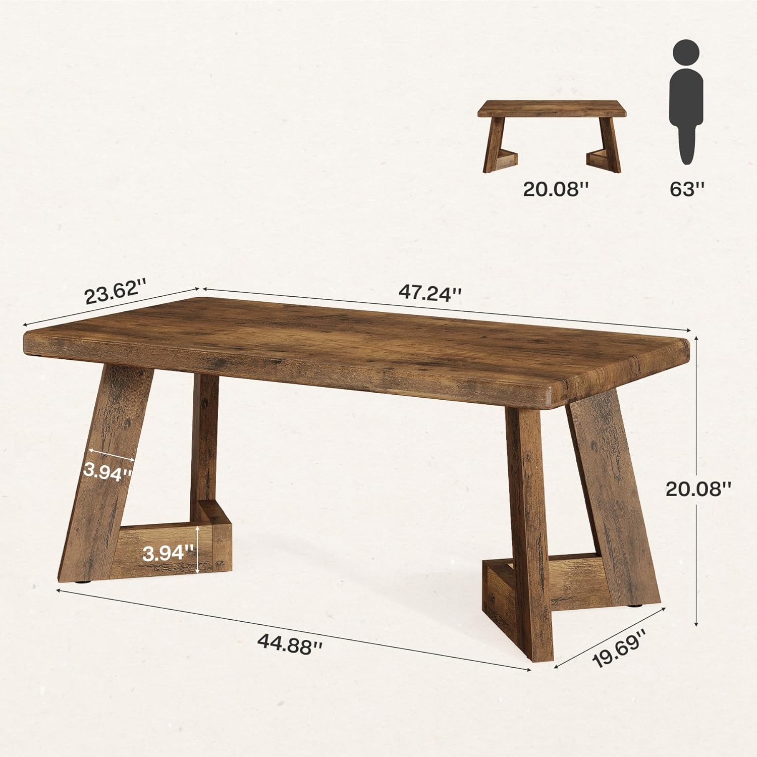 Tribesigns Coffee Table, Farmhouse Center Table with V-Shaped Legs, 47.2 x 23.6 Inches Rectangle Living Room Tables, Easy to Assemble, Rustic Brown