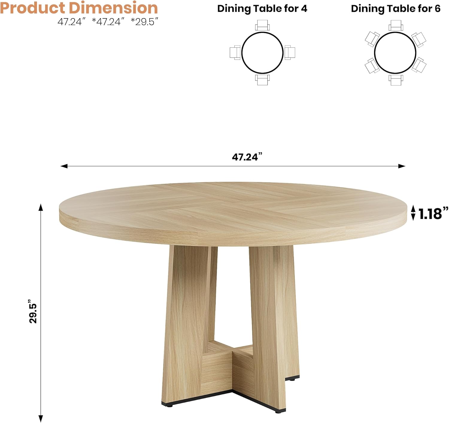 Garvee 47 Round Dining Table for 4-6 People - Circle Kitchen Dinner Table with Sturdy Pedestal Base, Space Saving Dinning Room Furniture for Living Room, Kitchen, Apartment, Natural