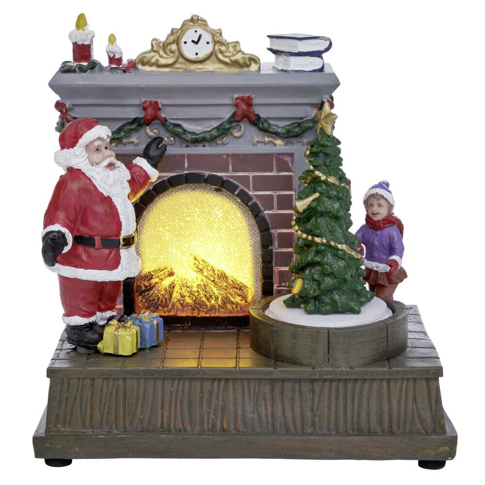 Scène de No&euml;l lumineuse 1LED Père No&euml;l devant cheminée 15,5x11xH16,5cm