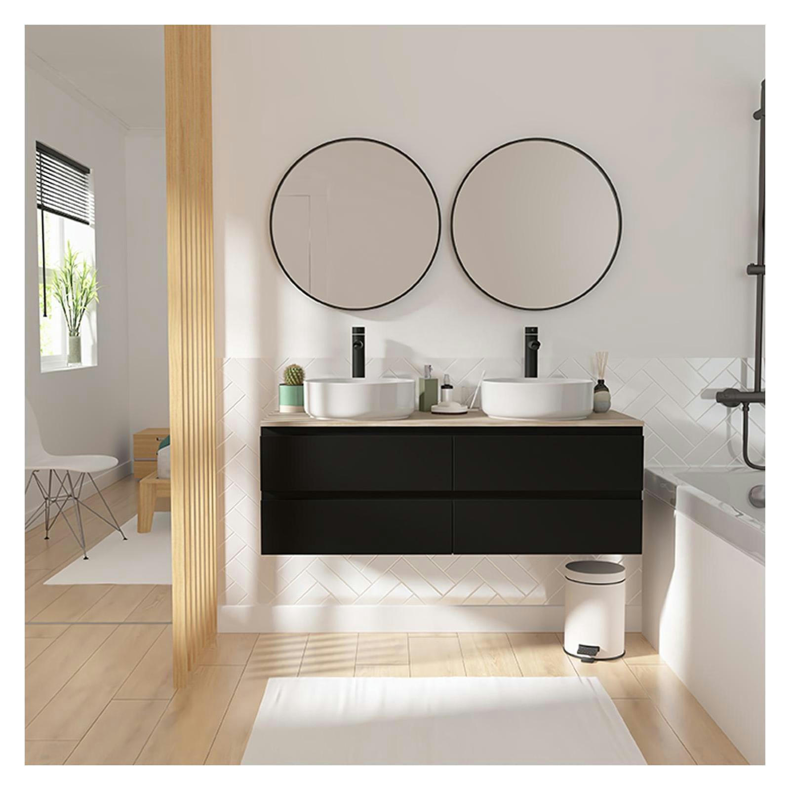 SORRENTO - Meuble double vasque 120cm avec plan bois  Noir +vasque+robinet+miroir
