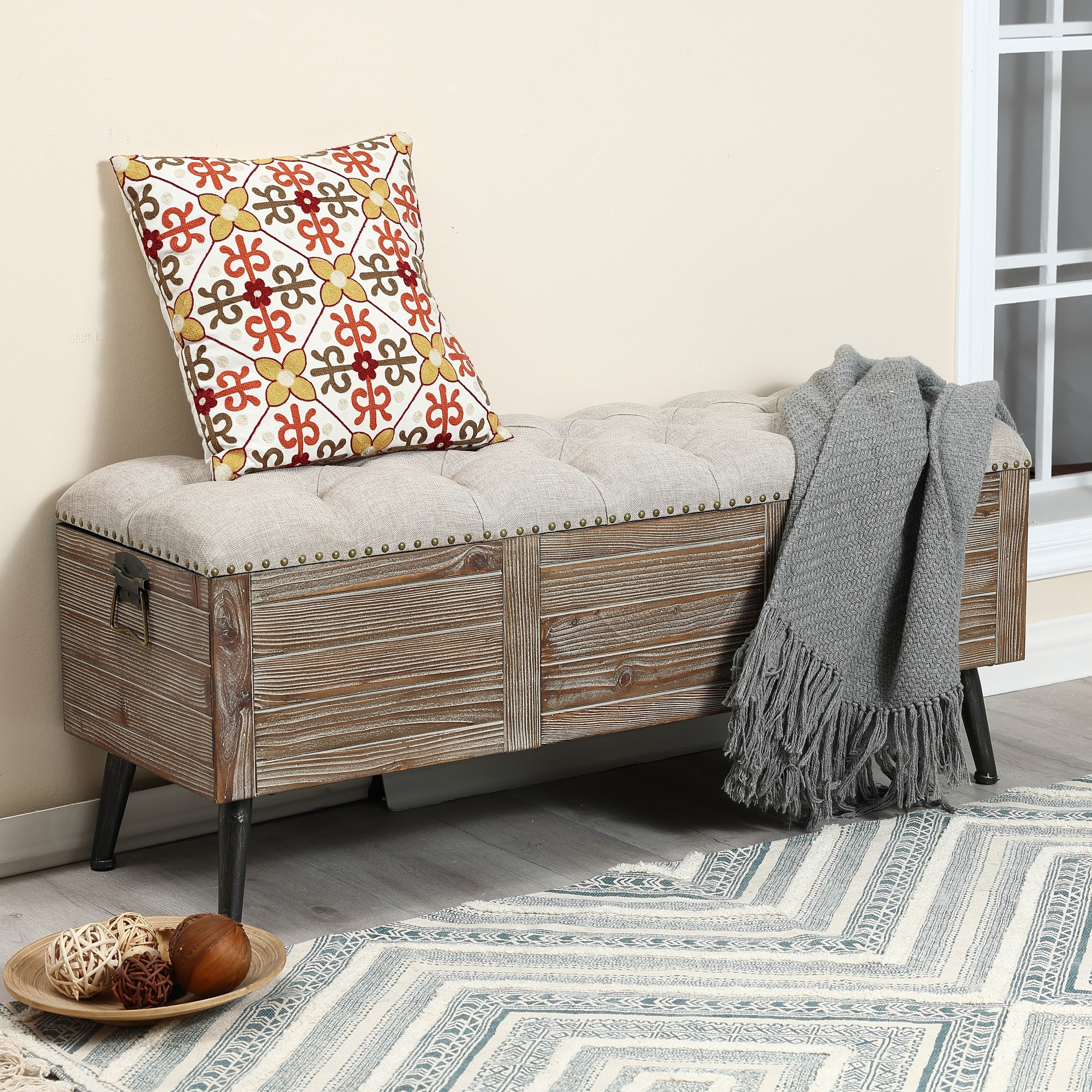 Natural Wood Upholstered Bedroom and Entryway Storage Bench - 20.08 H x 47.24 W x 15.75 D