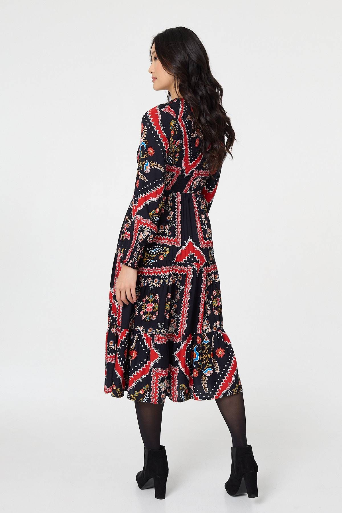 Izabel London Printed Smocked Long Sleeve Midi Dress