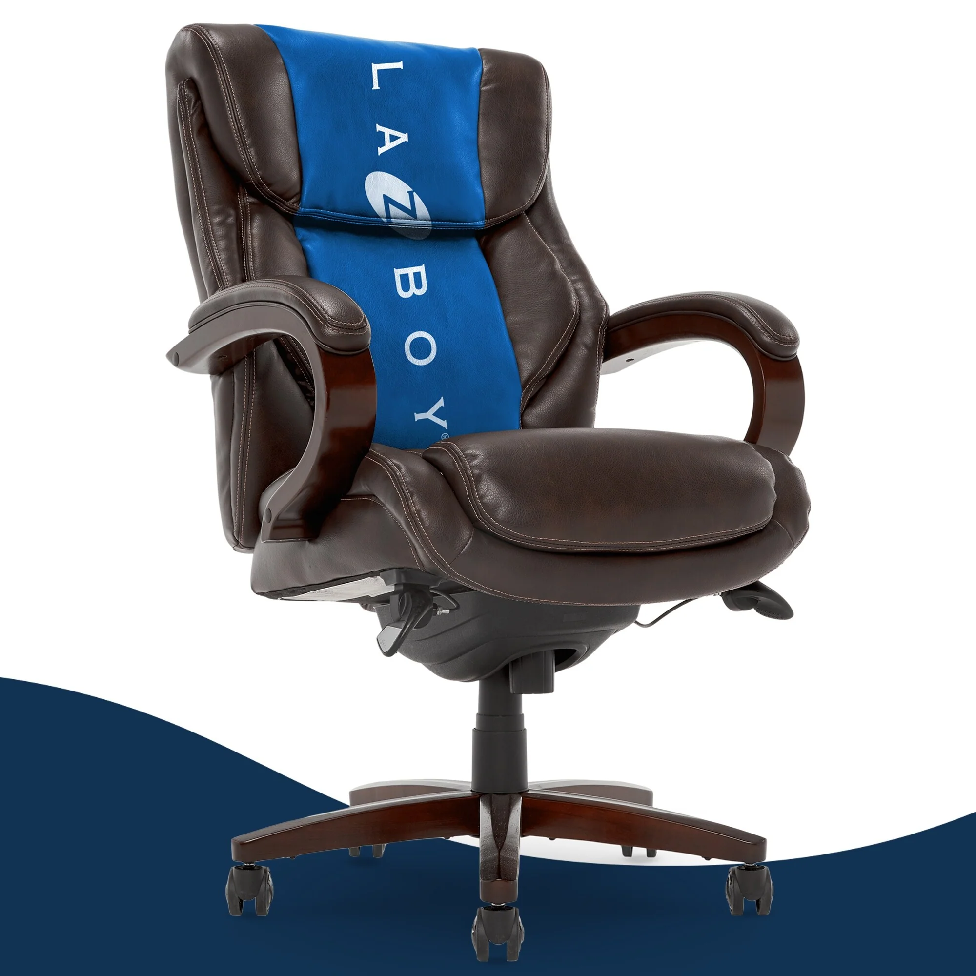 La-Z-Boy Bellamy Executive Leather Office Chair with Memory Foam Cushions, Solid Wood Arms and Base