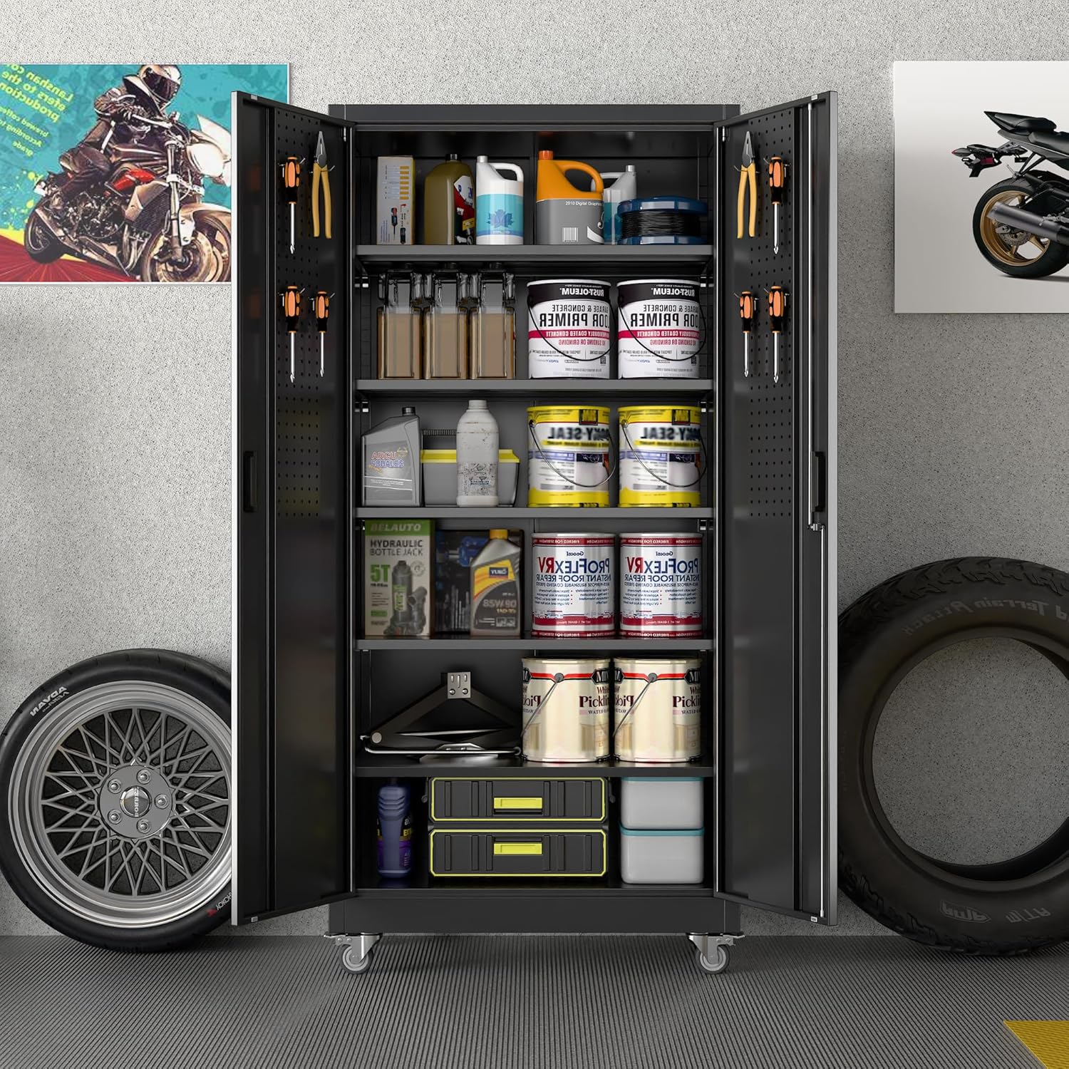 Garage Storage Cabinet with Wheels and Pegboard, Lockable Metal Storage Cabinet with 5 Adjustable Shelves and 4 Hooks for Garage,Warehouse, Assembly Required, Black, 71 H x 34 W x 18 D