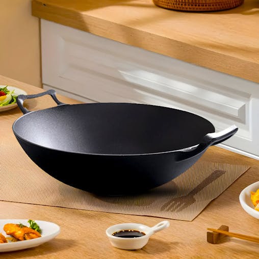 SOGA 2X 32cm Commercial Cast Iron Wok FryPan with Wooden Lid Fry Pan