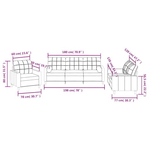 NNEVL 3 Piece Sofa Set with Pillows Black Fabric