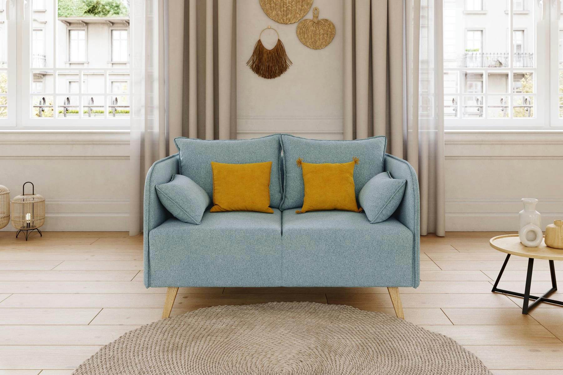 SARAH - Canapé droit en tissu 2 places bleu clair