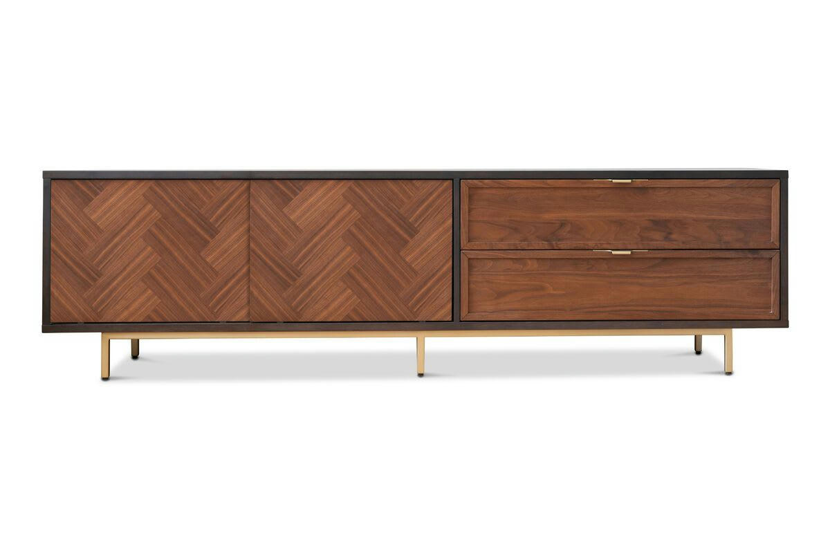 - Meuble TV  en bois foncé avec portes coulissantes et 2 tiroirs