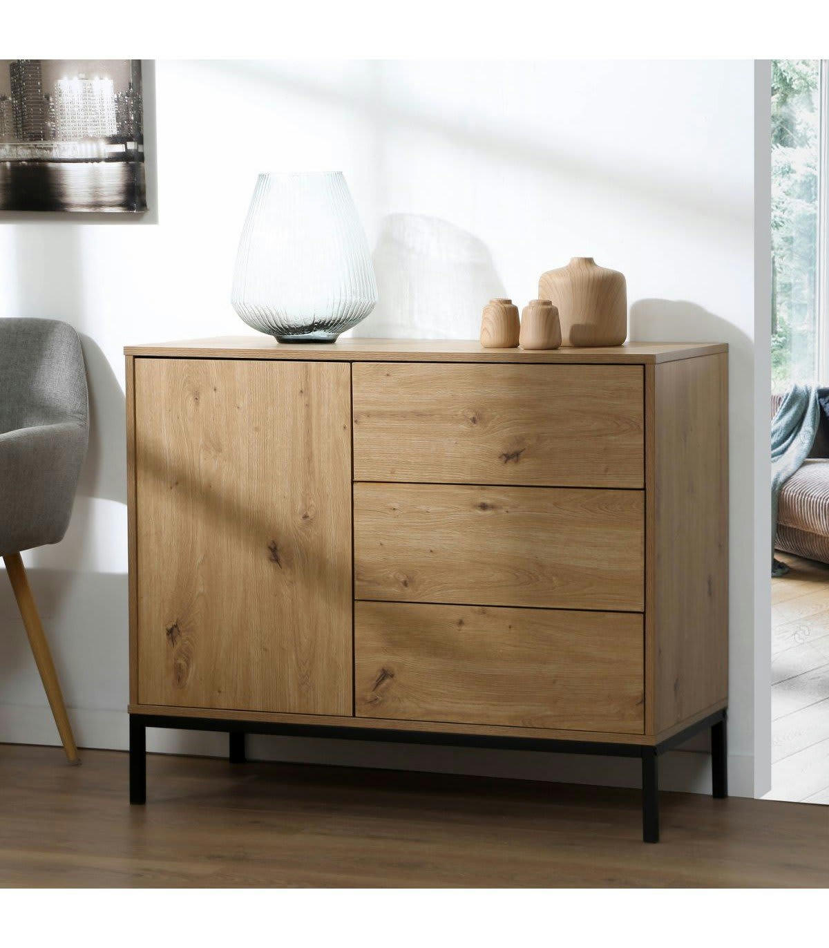 LENNY - Commode 3 tiroirs 1 porte décor chêne - L90 x H80 cm