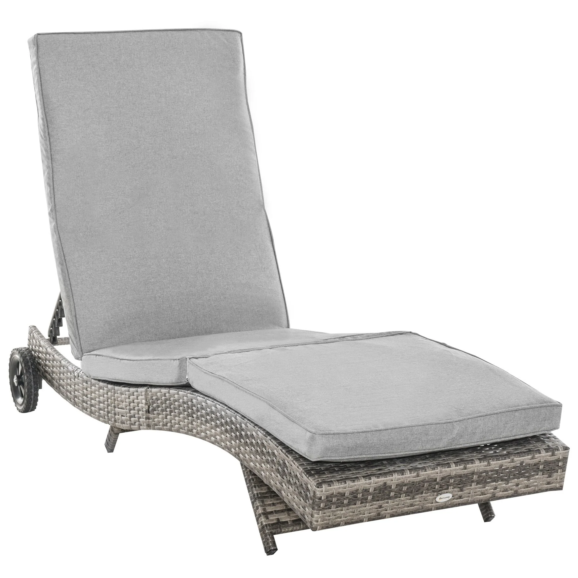 Outdoor Rattan Cushioned Chaise Lounge Chair Patio Sun Lounger with Wheels and Adjustable Backrest for Poolside