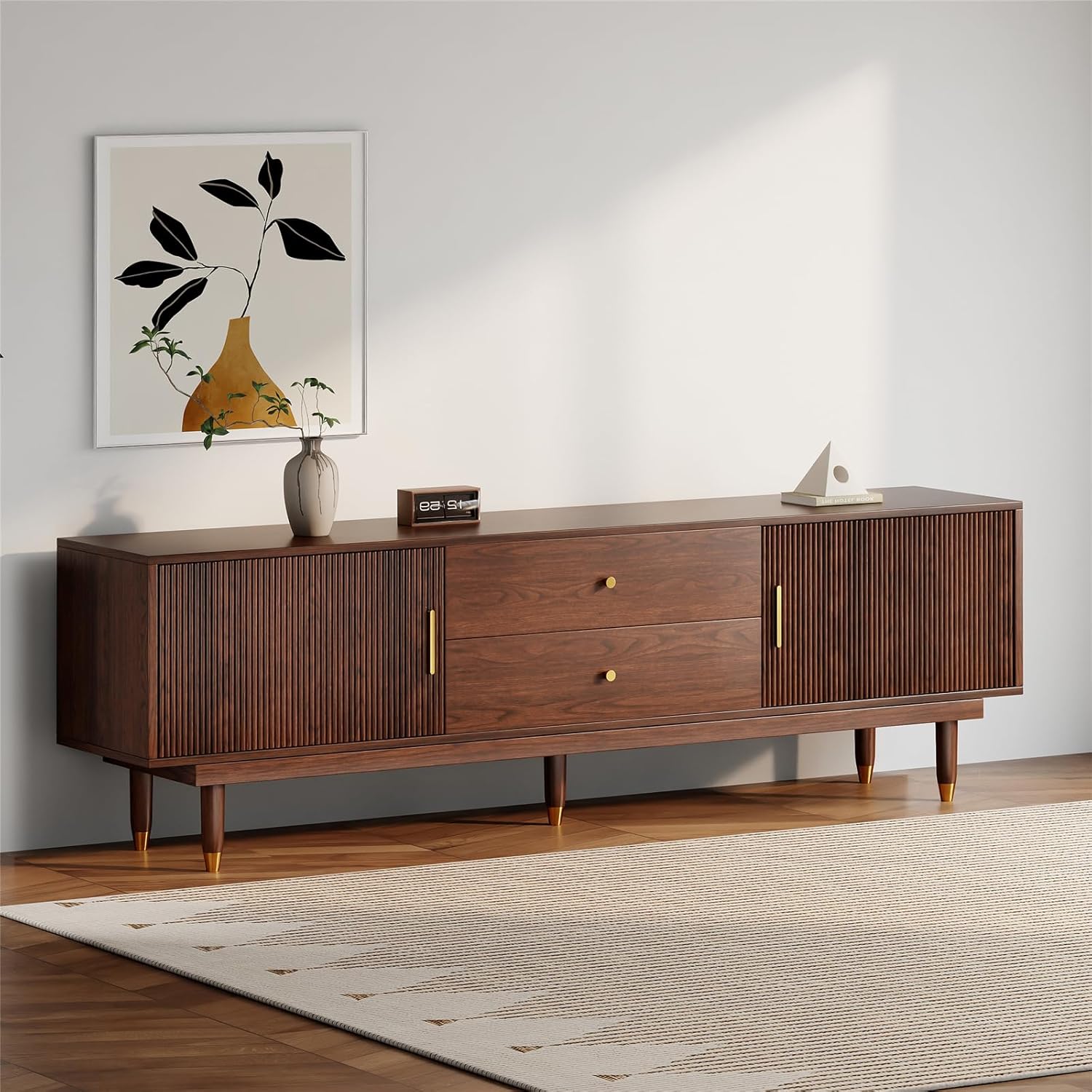 Mid Century Modern TV Stand for 75 inch TV, 66.9 Walnut TV Console with 2 Storage Cabinet & 2 Drawers, Entertainment Center, Media Console for Living Room/Bedroom