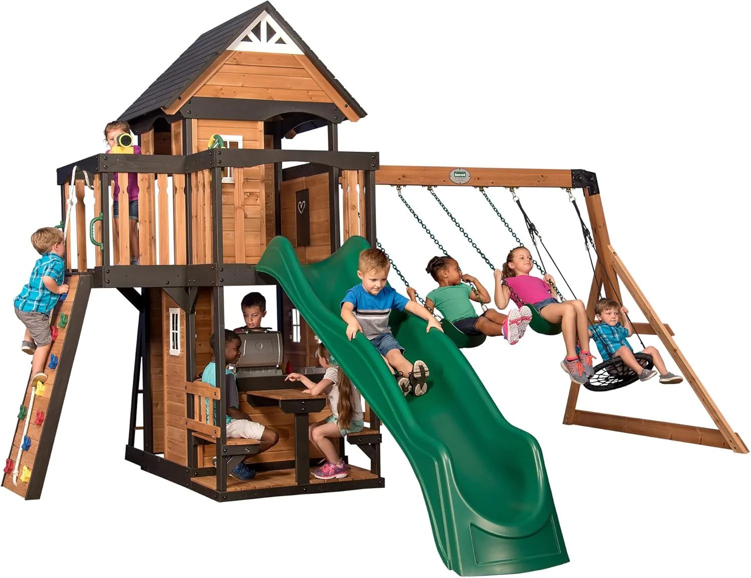 Gorge Creek Pure Pine Swing Set, Playhouse with Barbecue Grill, Plastic Utensils, Picnic Area, Steering Wheel, Double-Padded Swing, Rock Climbing Wall, Balcony, Terrace, Mesh Swing (Green Slide)(Brown)