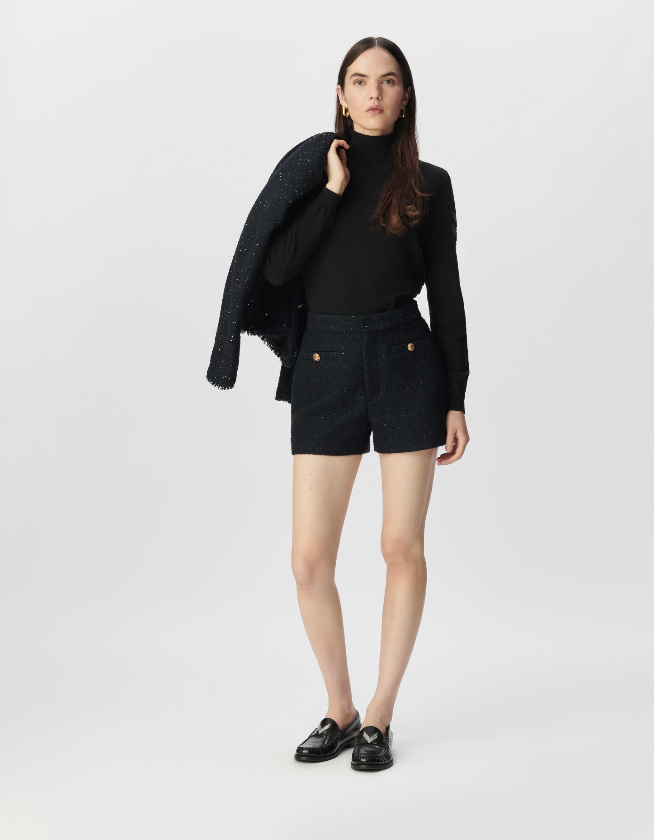 Short marine effet tweed et sequins brodés Femme