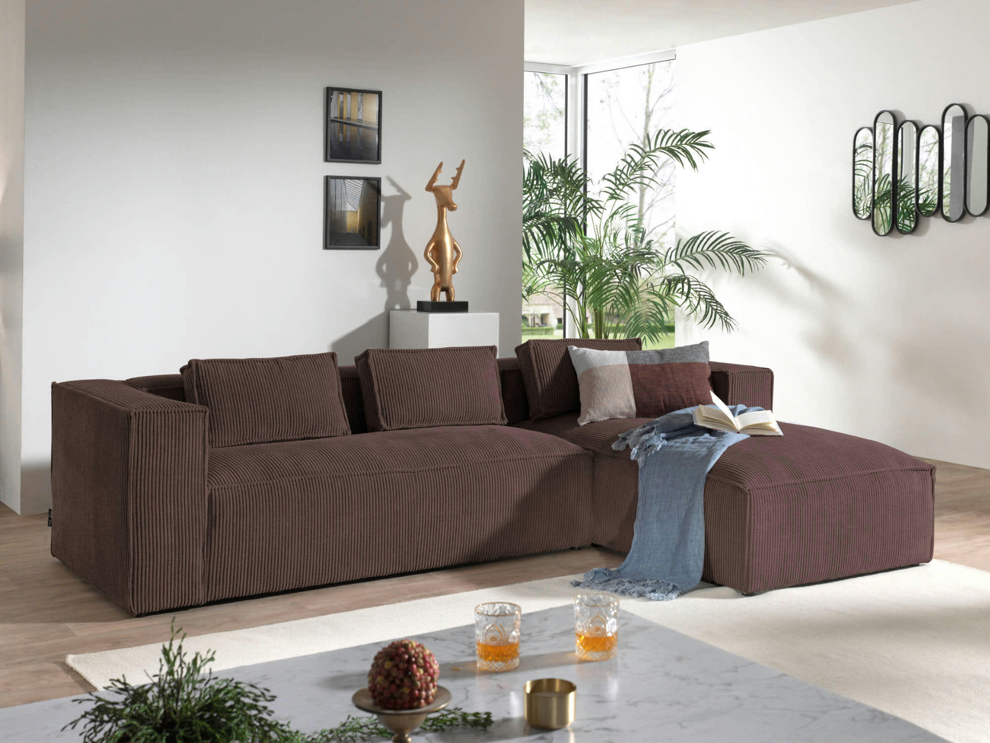 STELLA - Canapé d'angle droit 4 places en velours côtelé marron