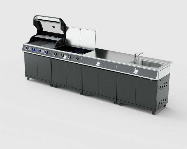 Beefmaster Premium 4 Burner Outdoor Kitchen with Range, Sink & Bench on Classic Carts