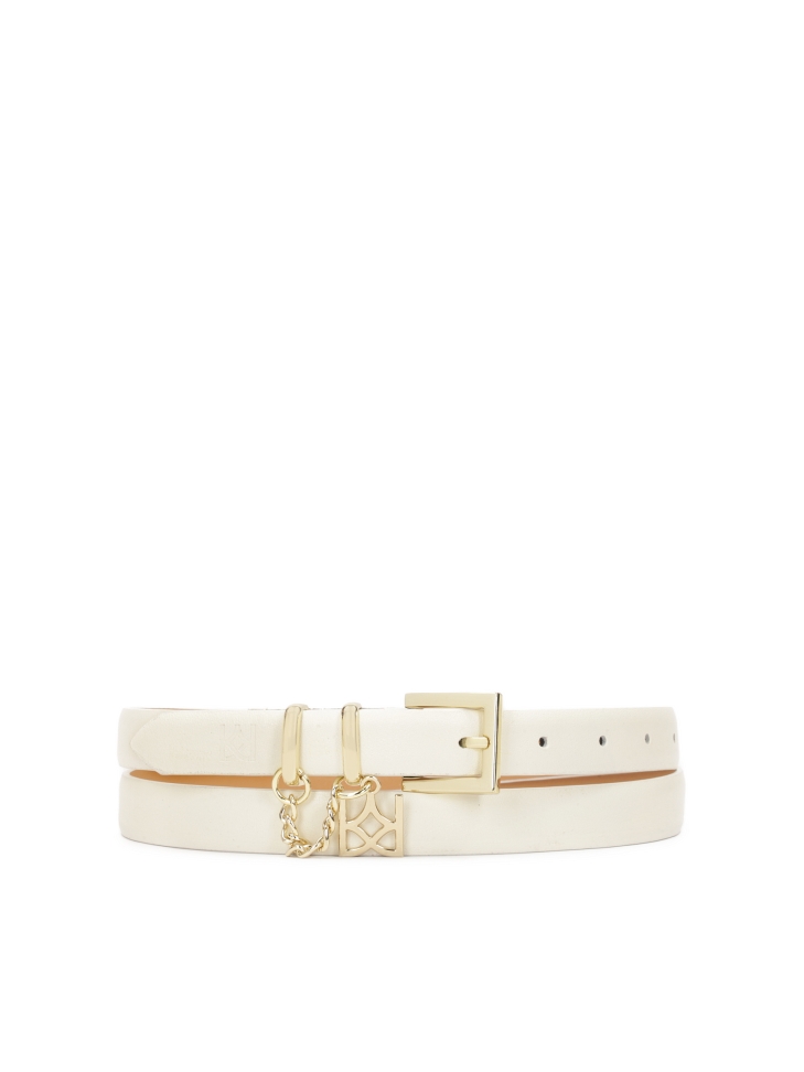 Cream narrow belt with two metal loops and chain