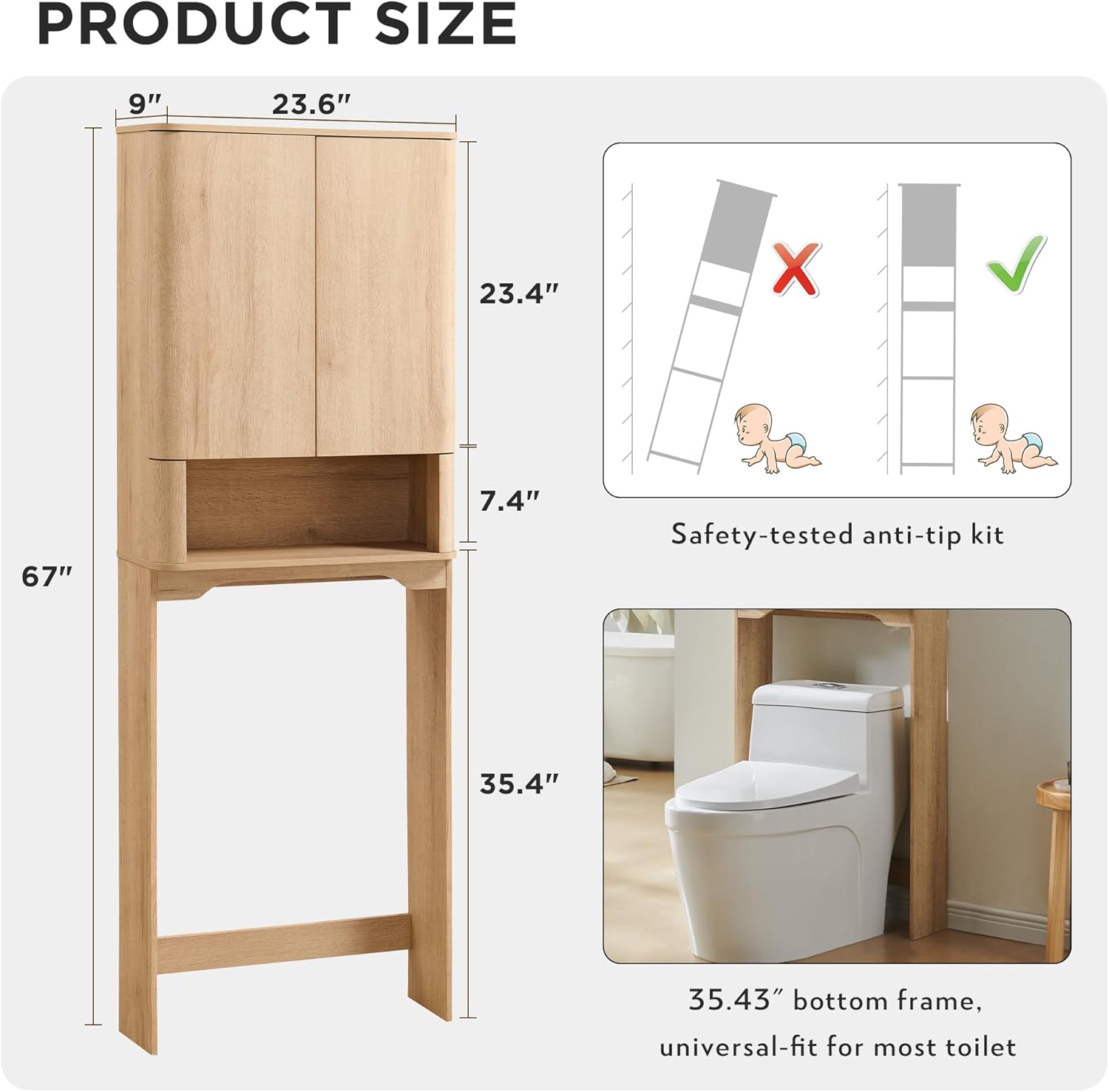 JXQTLINGMU Modern Over The Toilet Storage Cabinet, 67 Inch Tall Wooden Bathroom Cabinet with Adjustable Shelf & Handle-Less Double Doors, Natural Oak