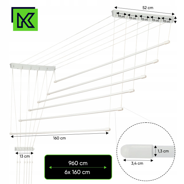 KADAX Suszarka Sufitowa 6 prętów, 160 cm, biała