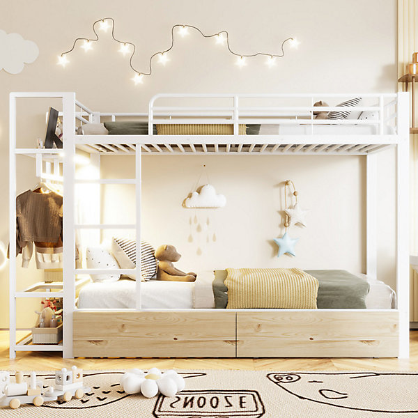 Lit superposé 90x200 cm en métal - 2 tiroirs et étagères - éclairage LED - Porte-vêtements - blanc (matelas non inclus)