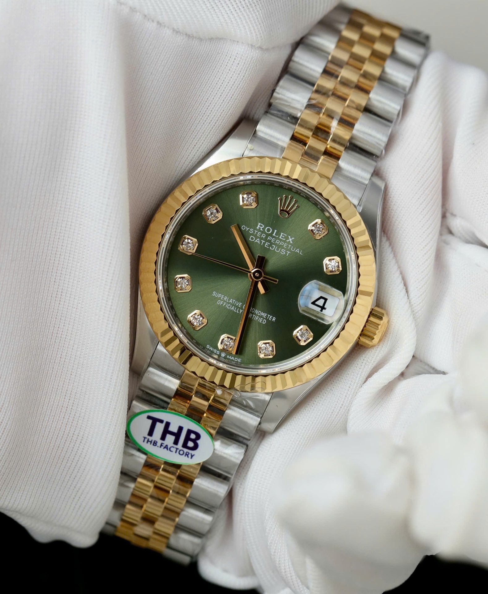 Rolex Datejust SS/YG Plated Green Dial CZ Diamonds 31mm Jub Replica