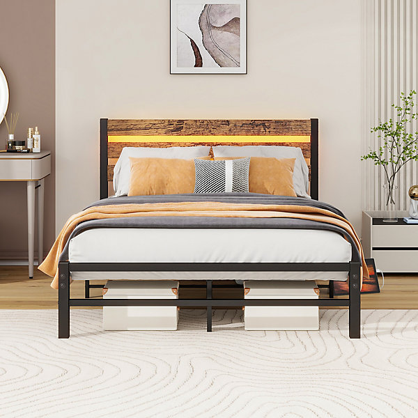 Lit Simple 120x200 cm, Lit Métal Ado Vintage avec LED et USB, Sans Matelas, MDF et Métal, Noir/Brun