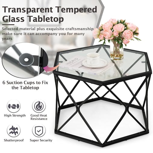 NNECW Geometric Coffee Table with Tempered Glass Top & Metal Legs