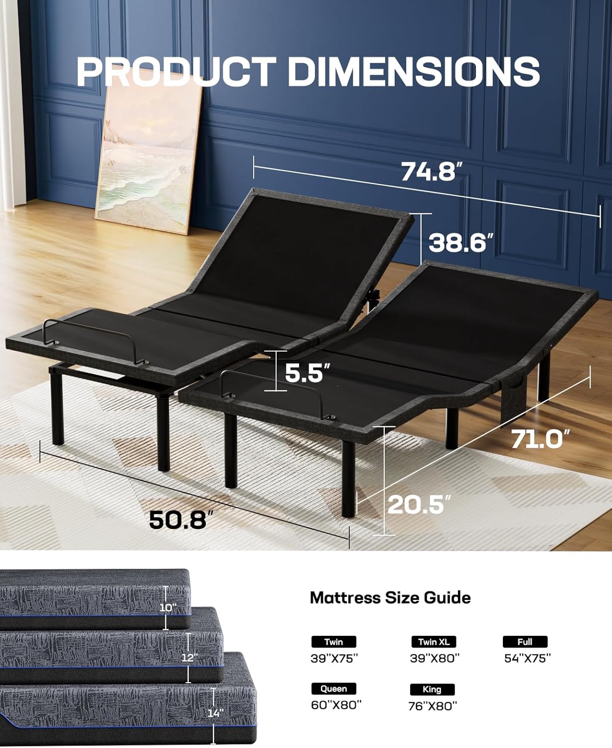 Marsail NS1 Split King Adjustable Bed Base with Massage- Smart Dual Motor Bed Frame with Wireless Remote, 3-Min Assembly, 4 USB Ports, Zero Gravity & Anti-Snore Mode