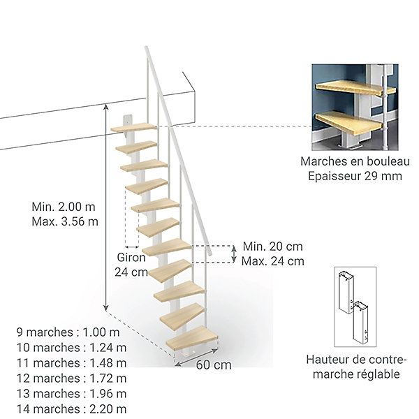 Escalier droit 12 marches - Hauteur à franchir de 2.60 à 3.08m - Largeur 60cm - Couleur bois et blanc - SMALL60/I-SBNAT-12