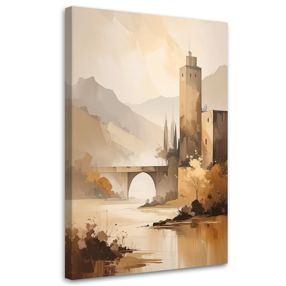 Obraz do salonu sypialni, Pastelowy Pejzaż Gór Architektura 20x30