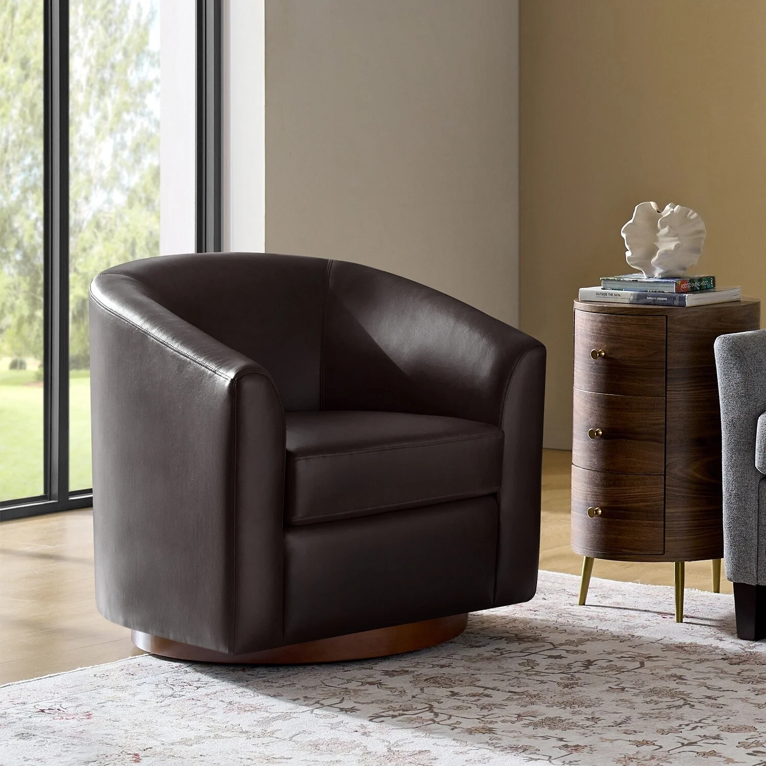 Haley Modern Swivel Barrel Faux Leather Chair with Solid Wood Base by HULALA HOME