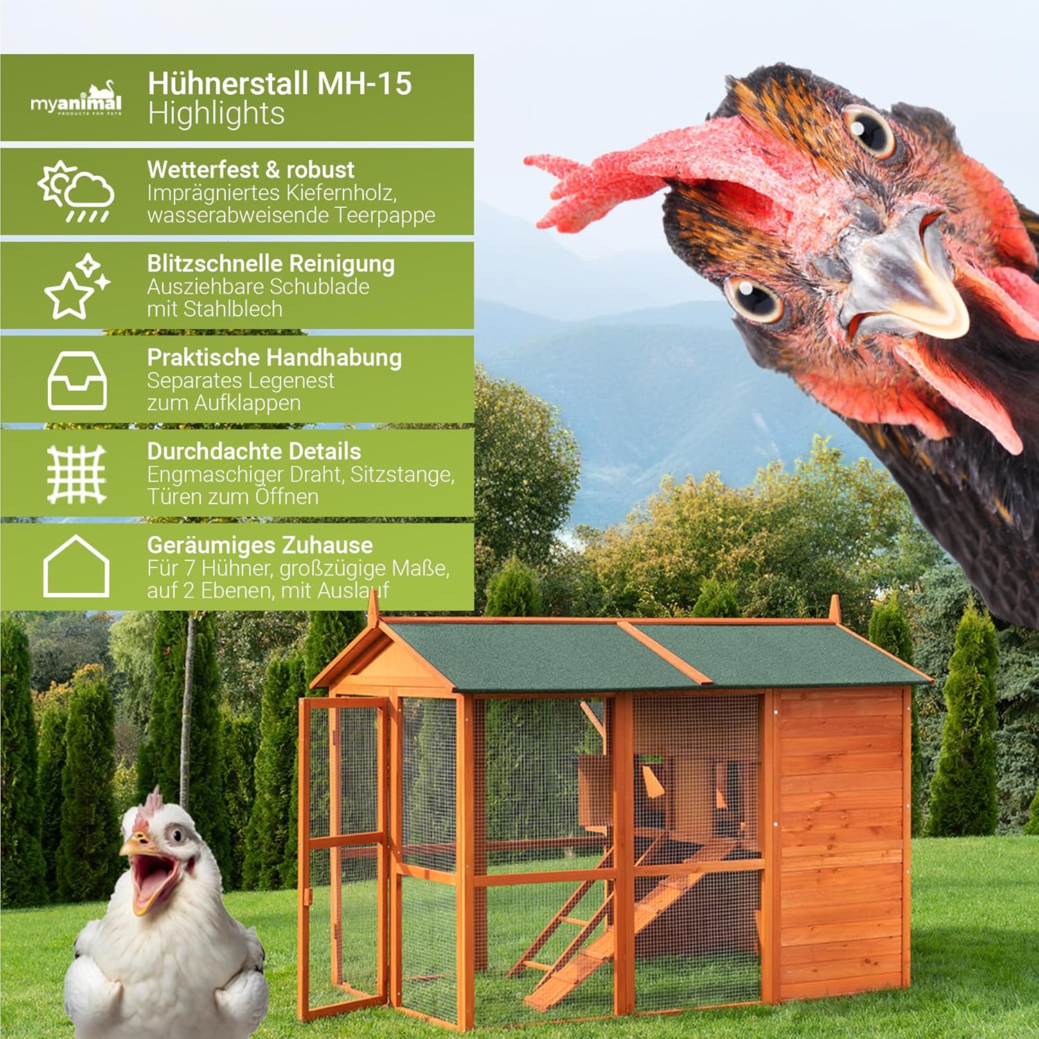 Miweba MyAnimal Hühnerstall MH-15 XXL | 186x146x147 cm - Für 7 Hühner - Nistkasten mit Freilaufgehege - Sitzstange - Winterfest - 2 Ebenen - Hühnerhaus mit Eiablage - Kiefernholz - Voliere