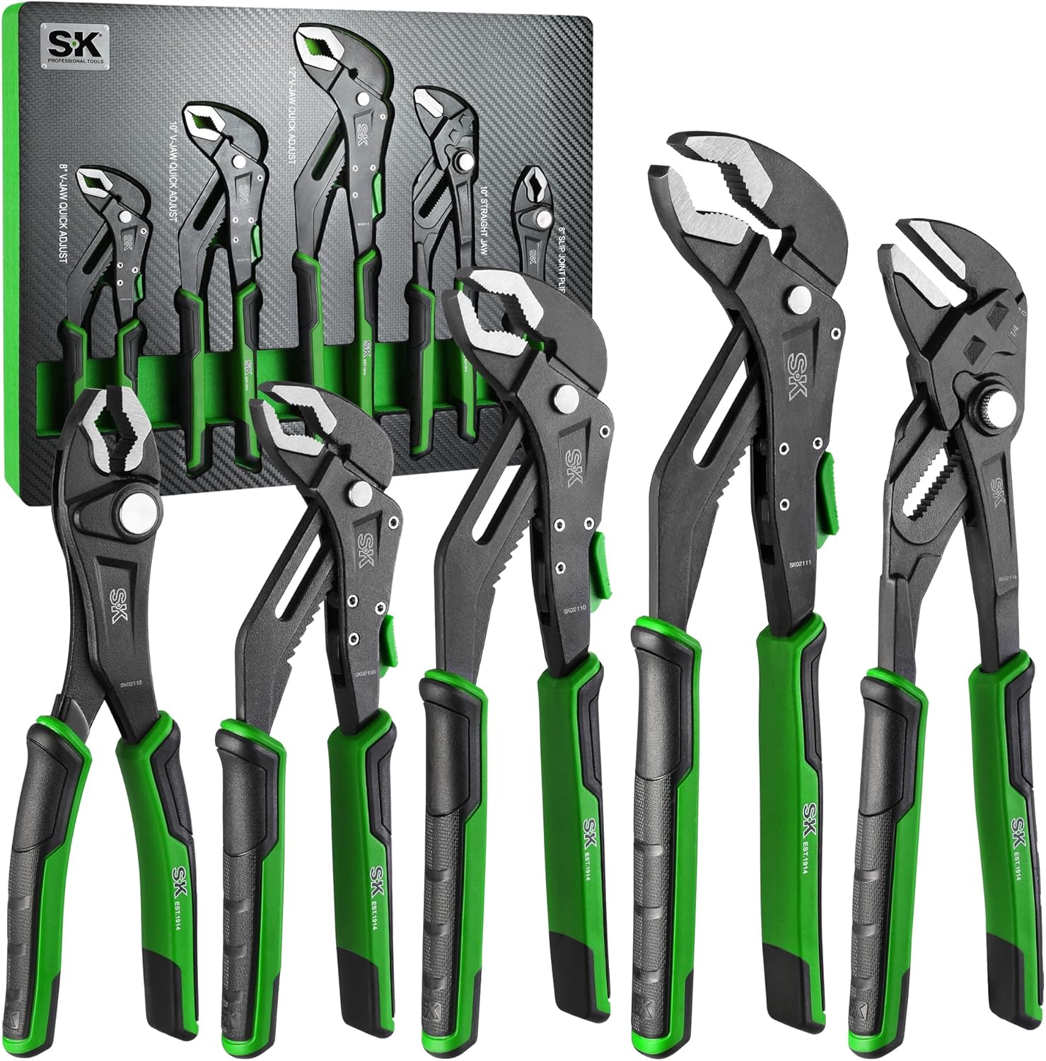 SK 5-Piece Pliers Set, 8 Adjustable Joint, 8, 10 and 12 Quick Adjust V-Jaw Groove Joint, 10 Pliers Wrench, Premium CR-V Construction, with EVA Foam Tool Organizer