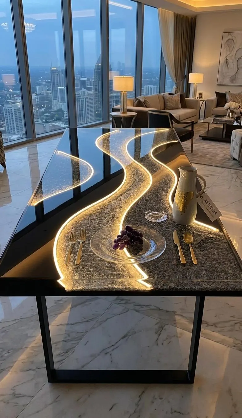 Handcrafted Epoxy River Dining Table, Custom Live Edge, Glowing LED Marble Art