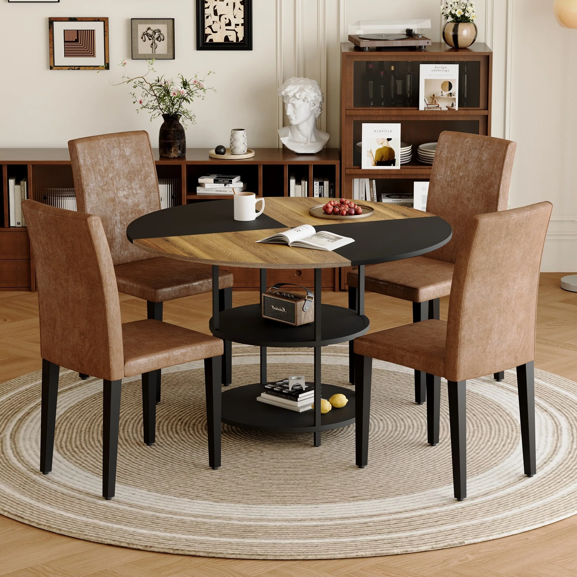 5-Piece Round Dining Table Set for 4, 47 Inch Small Round Dining Table with 4 Upholstered Chairs for Dining Room, Kitchen