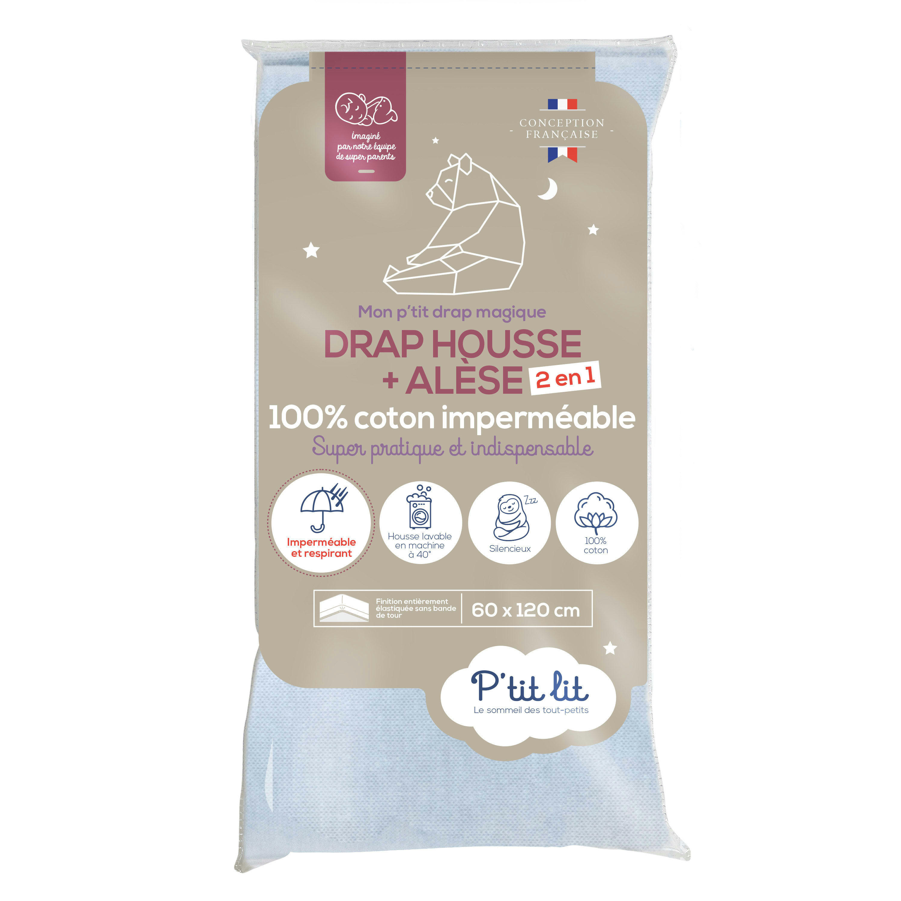 2 EN 1 - Drap housse bébé et alèse imperméable gris 60x120