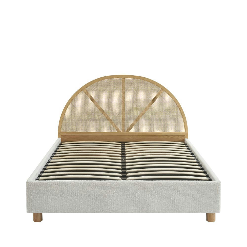 TAJUR - Lit coffre en tissu bouclette et cannage 160x200cm ecru