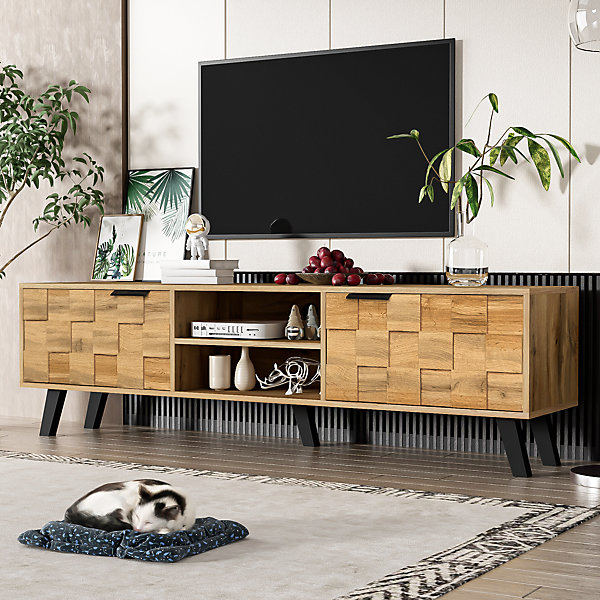 Meuble TV avec 2 Portes et 2 Compartiments ouverts - Panneau de Particules - 160,5 x 35,5 x 45 cm - Naturel