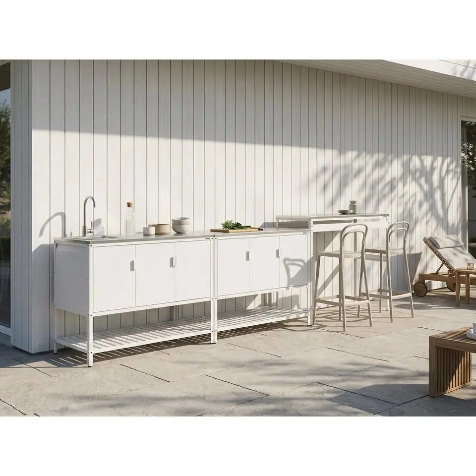 MAENZA - Tuinkeukenset 3-delig met spoelbak - Wit - Staal