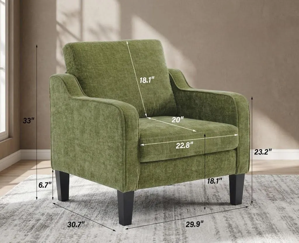 Olive Green Chenille Accent Chair, Mid Century Scooped Armchair with Wood Legs, Cozy Reading Chair for Bedroom, Comfy Living Room Seating