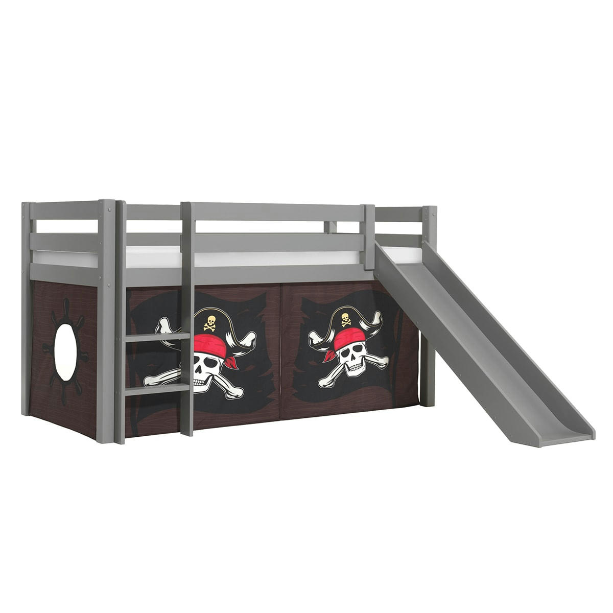 PINO - Lit mi-hauteur 90x200 toboggan sommier inclus housse pirate marron