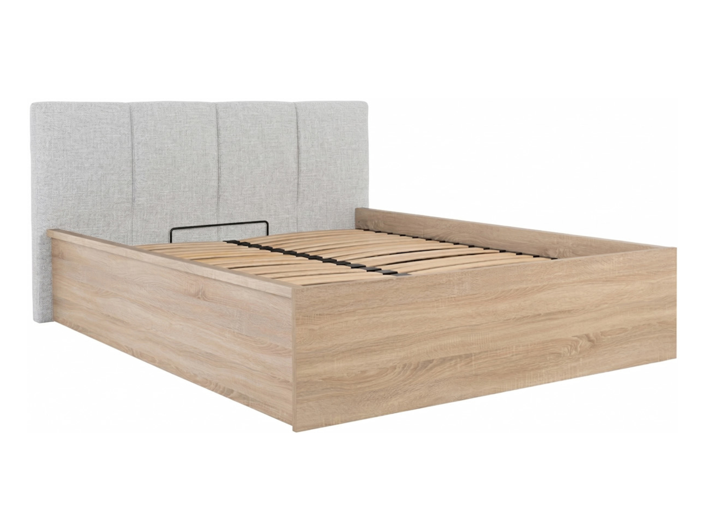 Łóżko Tetrix 140x200 ze stelażem pojemnikiem i tapicerowanym wezgłowiem dąb sonoma
