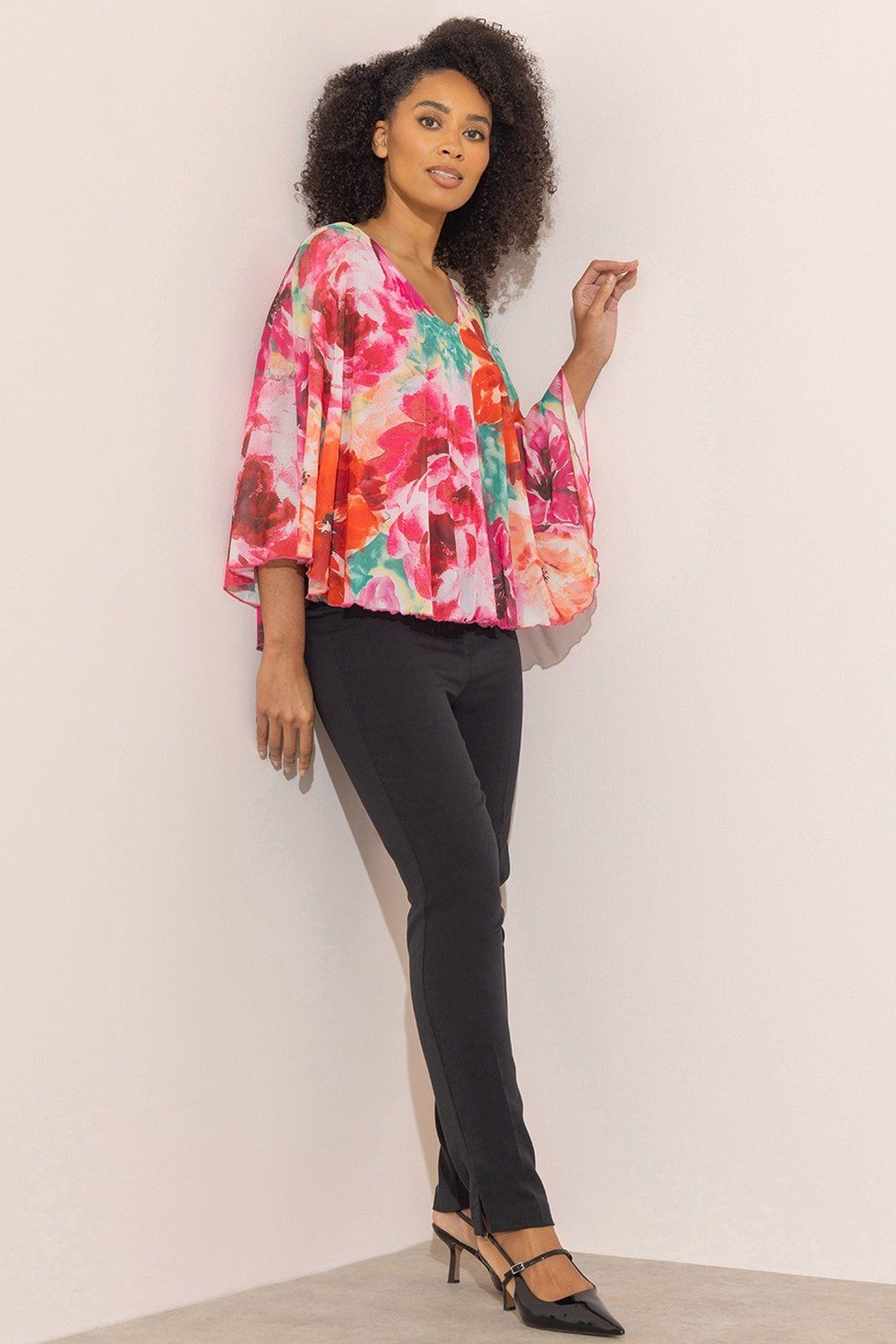 Klass. Watercolour Floral Print Mesh Cape Top
