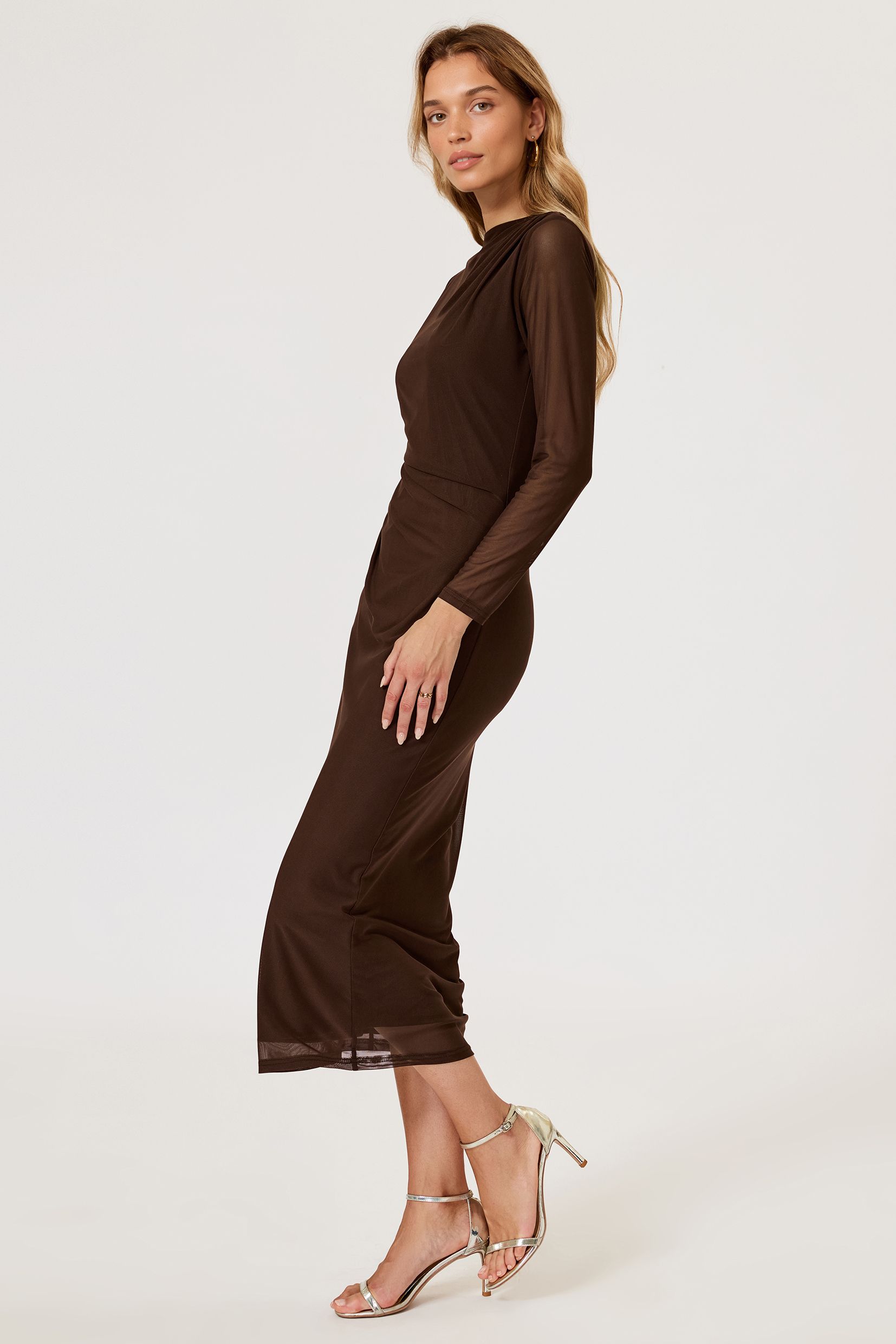 FS Collection Long Sleeves Mesh Midi Dress In Brown