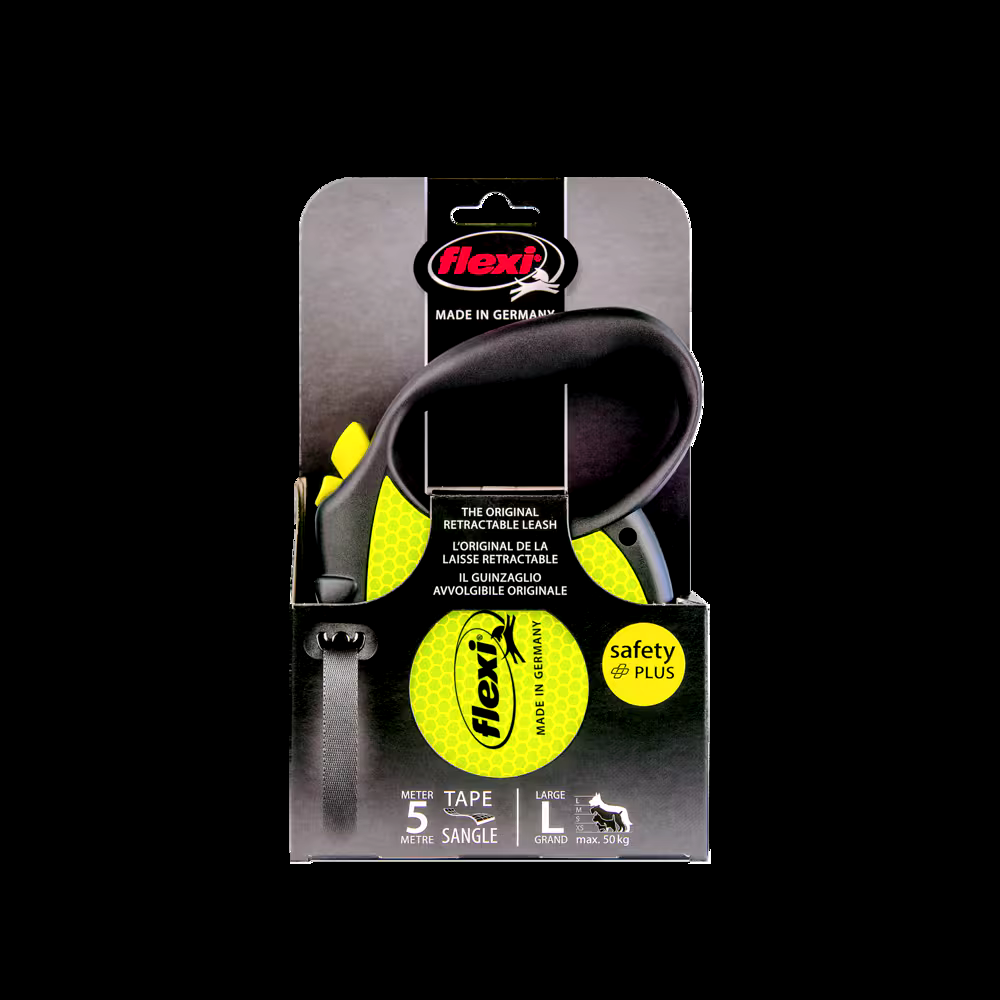 Flexi Neon Tape Retractable & Reflective Dog Leash with Ergonomic Handle, Assorted Sizes, 16-ft, Yellow