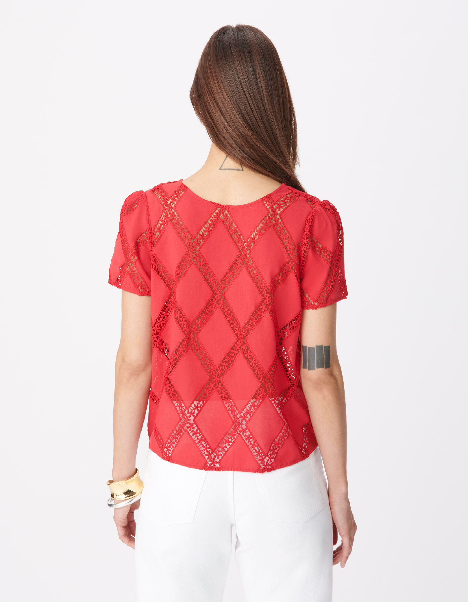Blouse rouge galons dentelle réversible devant/dos Femme