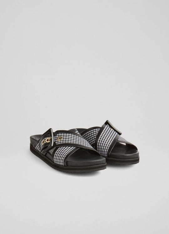 Rory Black and White Gingham Buckle Footbed Mules