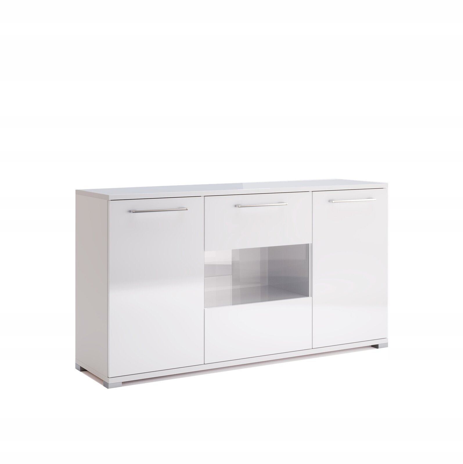 KOMODA Flory 150cm 7 PÓŁEK biały połysk SZKLANE DRZWI